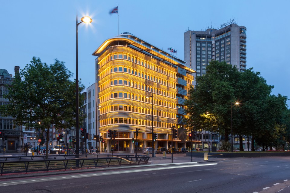 45 Park Lane hotel in London at night.