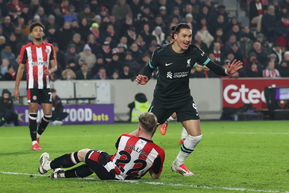 Darwin Núñez of Liverpool celebrates scoring a goal.