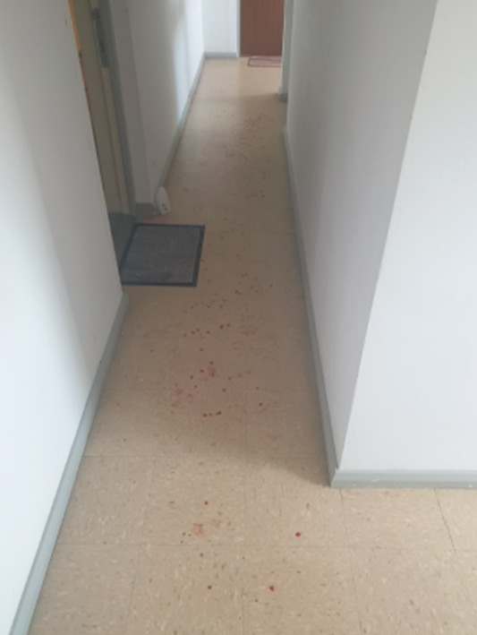 Blood spatter on hallway floor.