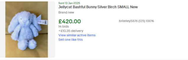 Jellycat Bashful Bunny plush toy sold for £420.