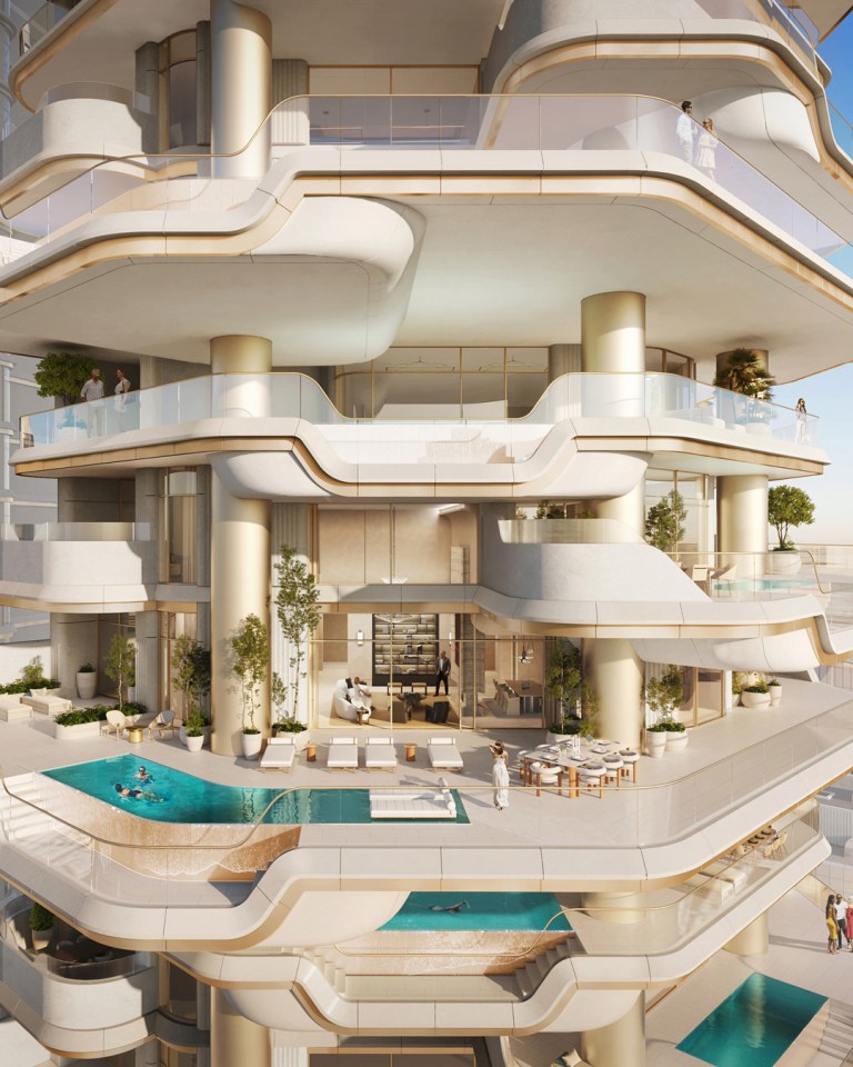 Illustration of a luxury penthouse with a rooftop pool and multiple terraces.