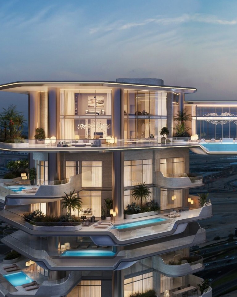 Illustration of a luxury Dubai skyscraper with multiple private pools and terraces.