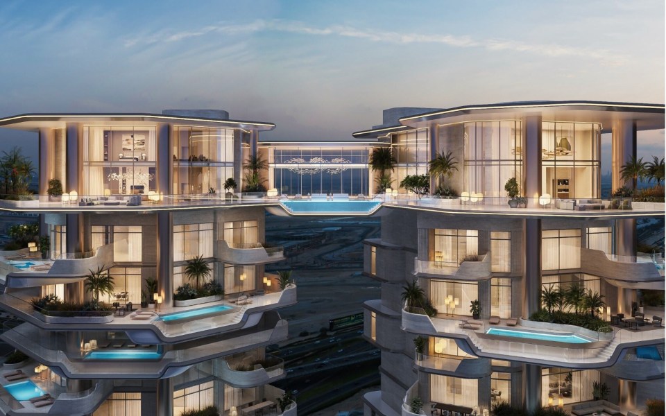 Illustration of two Dubai skyscrapers connected by a rooftop infinity pool.