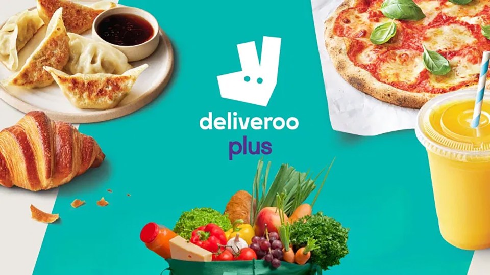 Deliveroo Plus: Illustration of food and grocery items, including pizza, dumplings, croissant, juice, and produce.