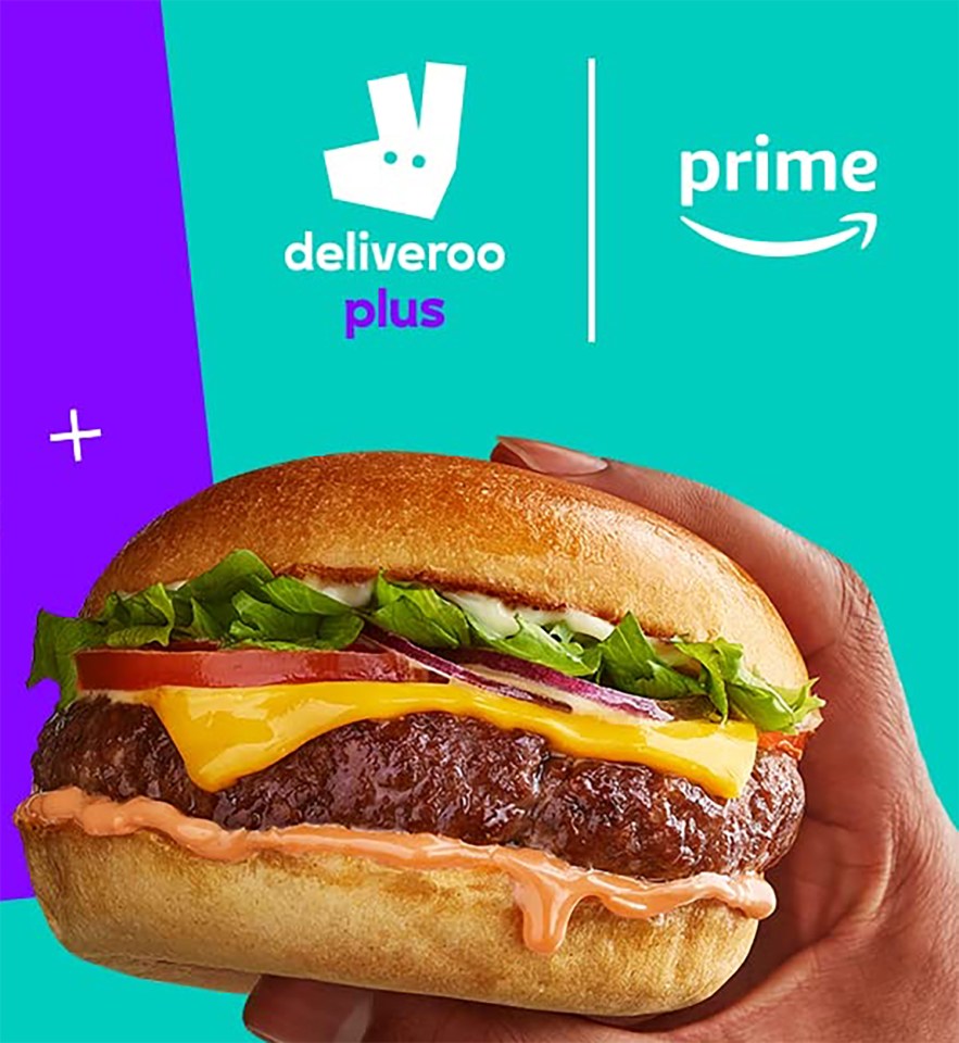 Deliveroo Plus and Amazon Prime logos with a cheeseburger.