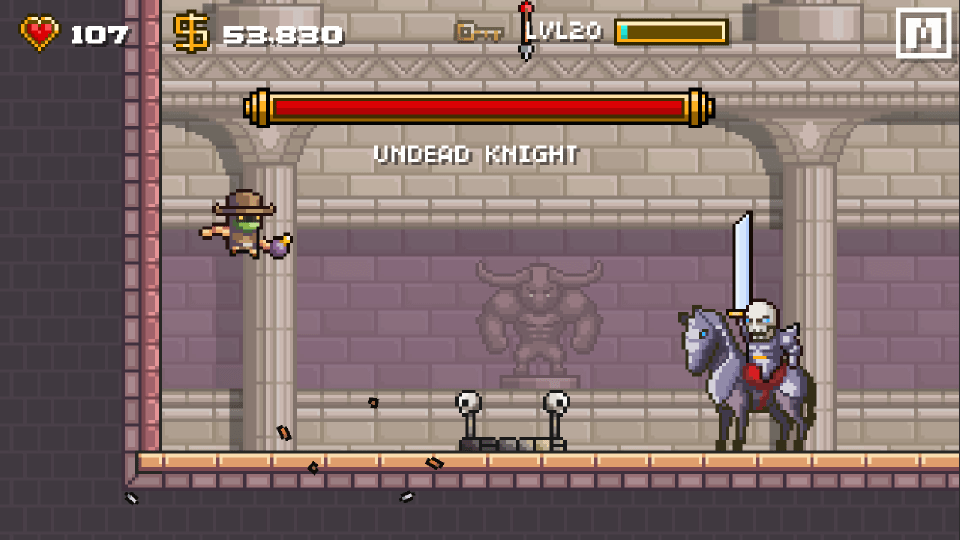 Illustration of a video game scene showing a player character facing an undead knight on horseback.