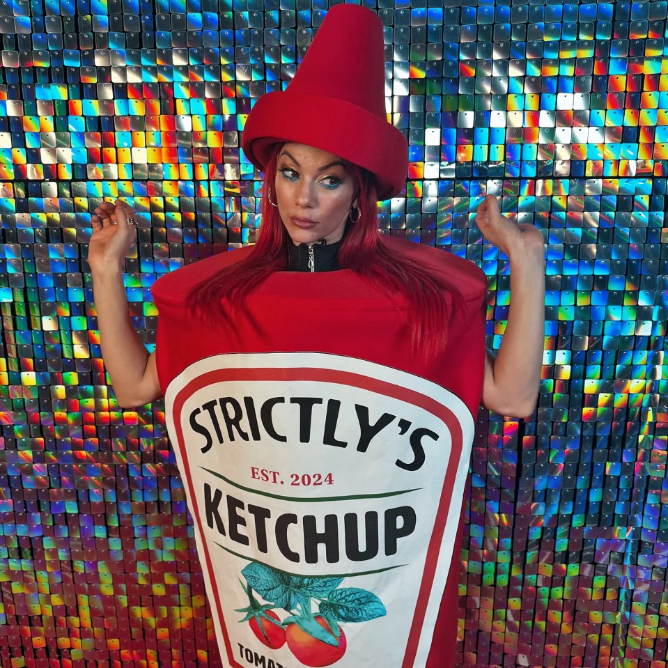 Woman dressed as a ketchup bottle for Strictly Come Dancing.