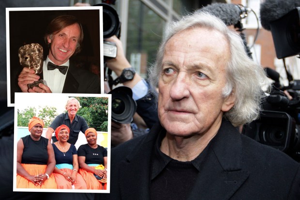 John Pilger, collage of photos showing him holding an award, with other people, and surrounded by cameras.