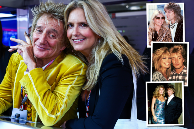 Rod Stewart with Penny Lancaster and photos of him with previous partners.