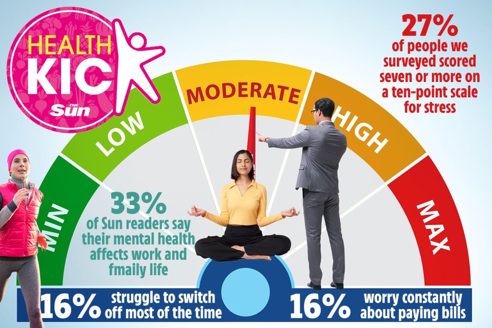 Illustration of stress level gauge with statistics on mental health.