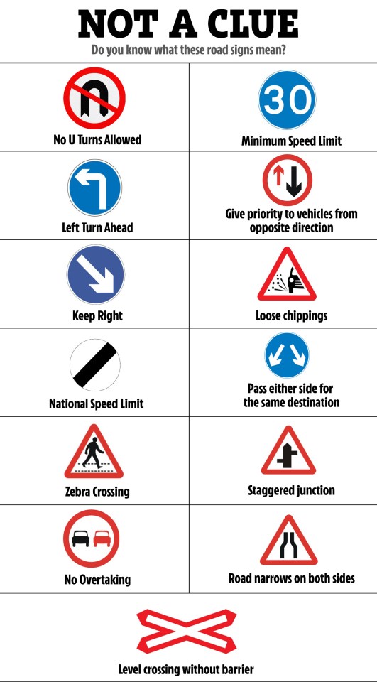 Illustration of various road signs with their meanings.