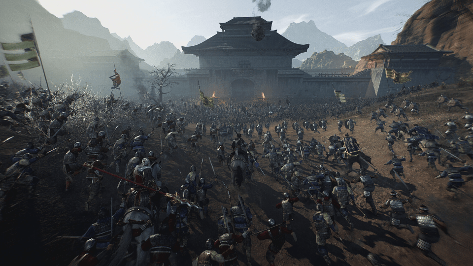 Screenshot of Dynasty Warriors: Origins showing a large-scale battle scene.