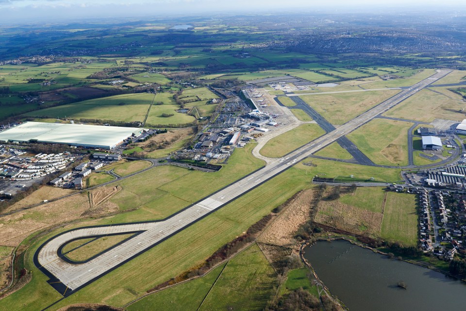 Aerial view of Leeds Bradford Airport runway.