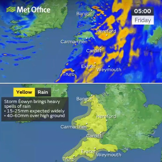 Met Office weather map showing Storm Éowyn bringing heavy rain; 15-25mm expected widely, 40-60mm over high ground.