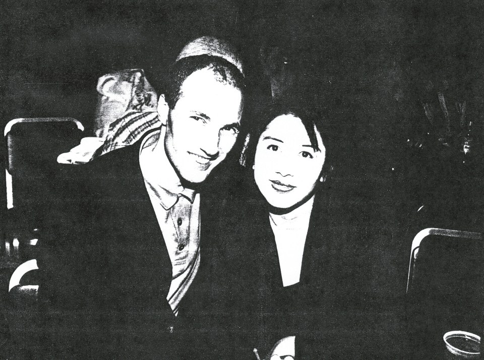 Black and white photo of Paul and Doloros in Las Vegas; a Las Vegas nightscape is shown above.