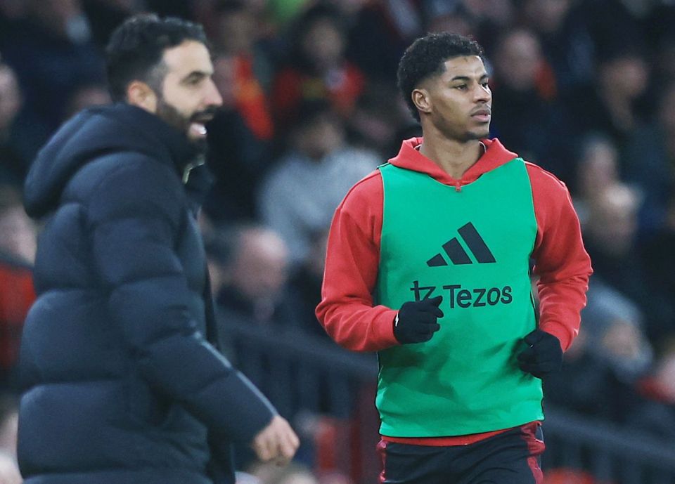 Marcus Rashford of Manchester United and manager Ruben Amorim.