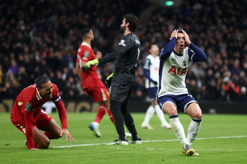 Pedro Porro of Tottenham Hotspur reacts after missing a goal.