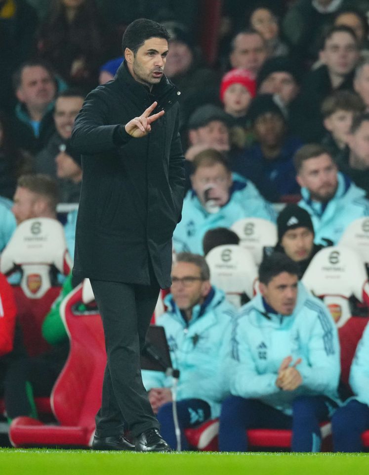 Mikel Arteta, Arsenal manager, coaching during a match.