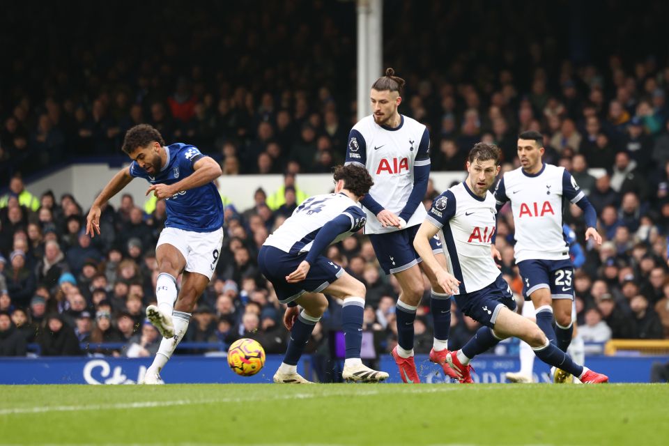 Dominic Calvert-Lewin of Everton scoring a goal against Tottenham Hotspur.