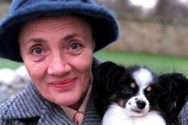 Woman in a hat holding a Papillon dog.