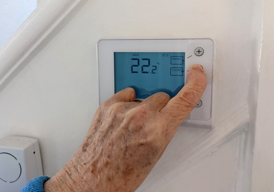 Elderly person lowering the temperature on a smart thermostat.