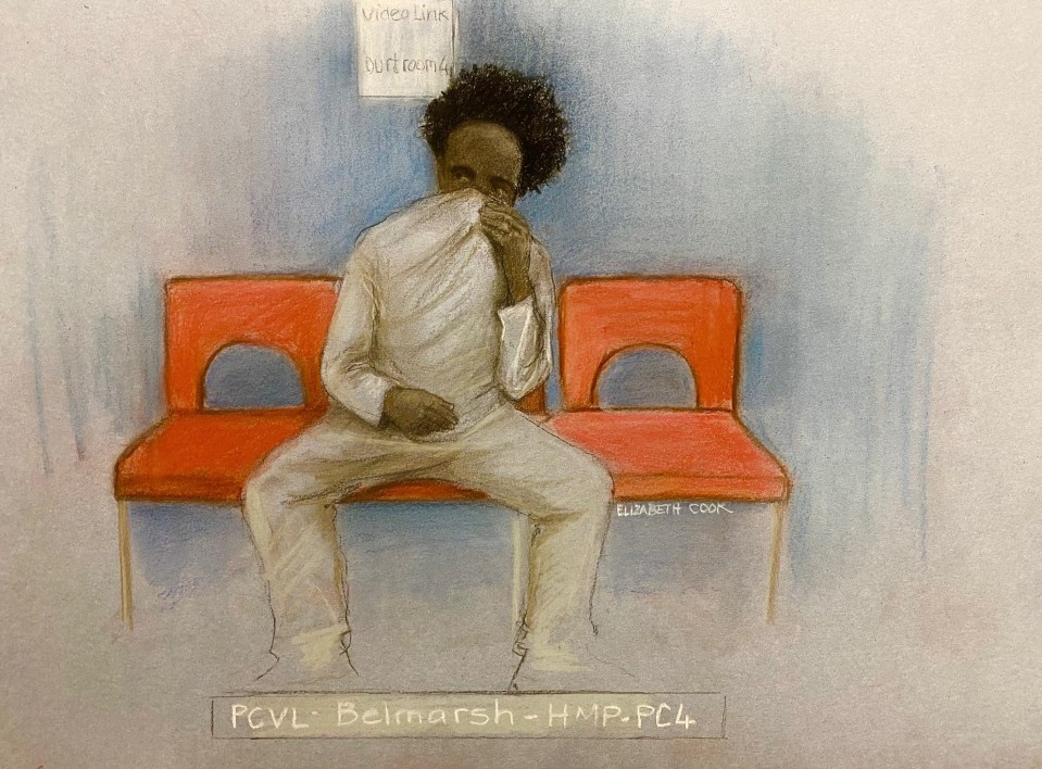 Illustration of a man sitting on a bench in a courtroom, appearing via videolink.