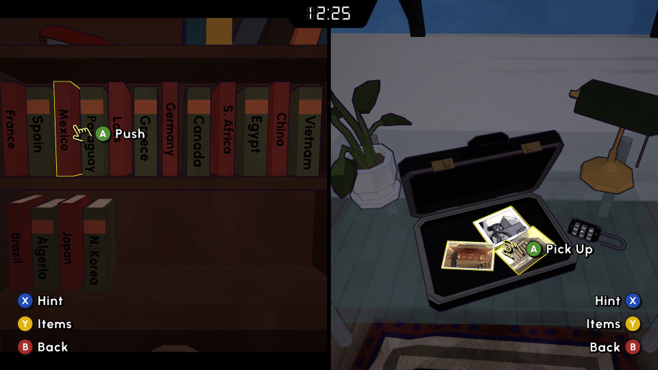 Illustration of an escape room puzzle with books and a briefcase.