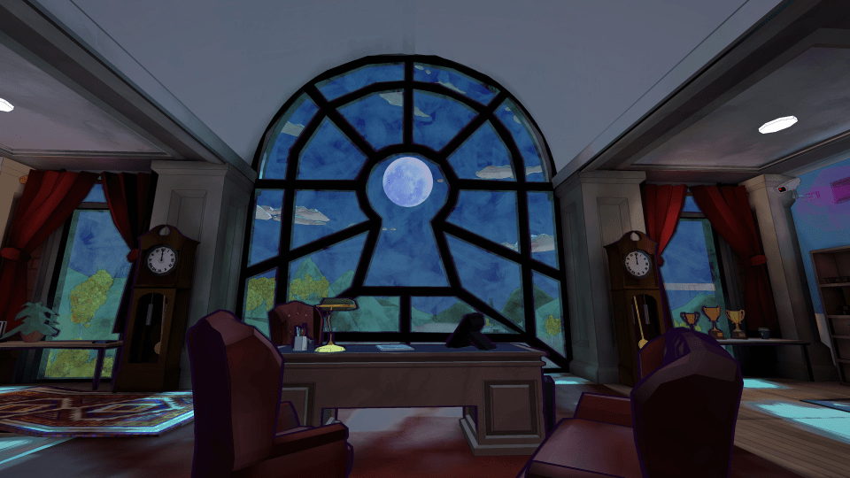 Illustration of an office at night with a large keyhole-shaped window showing a full moon.