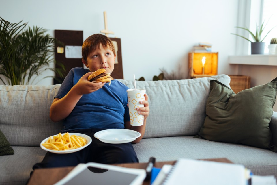 A boy sitting on a couch eating a burger and fries.