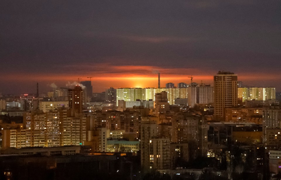 Drone explosion over Kyiv at night.