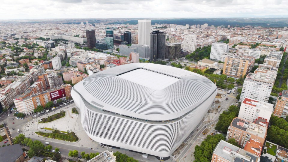 Aerial view of the completed Santiago Bernabéu Stadium in Madrid.