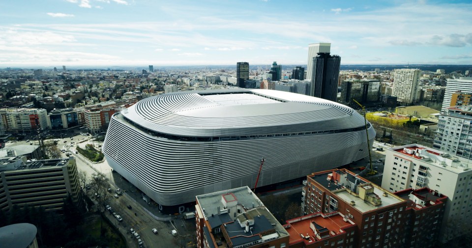 Aerial view of the completed Santiago Bernabéu Stadium in Madrid.