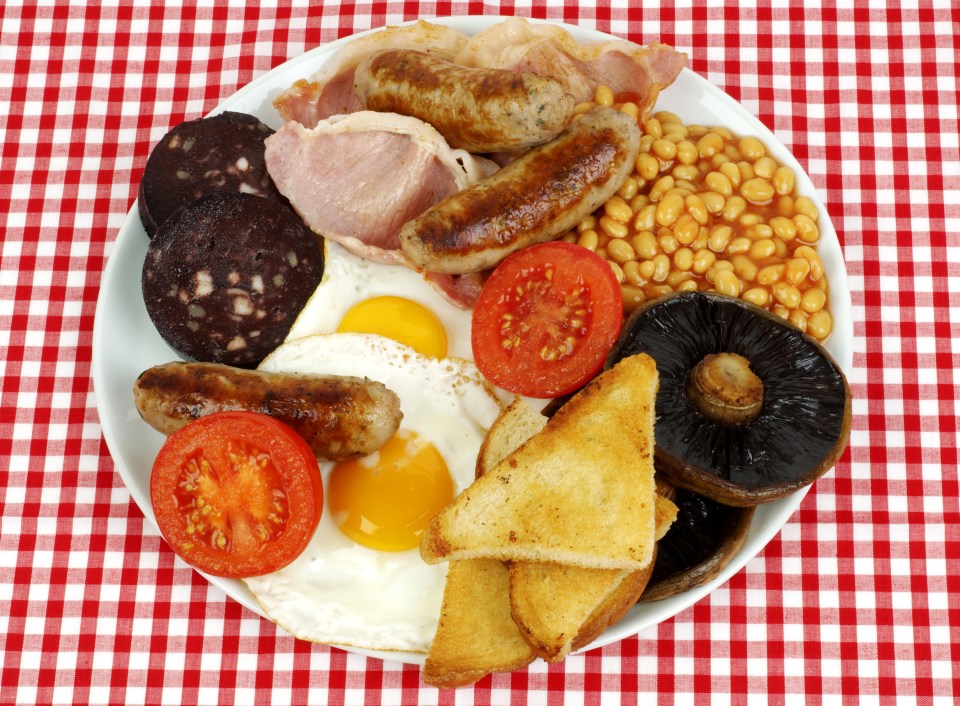 A large plate of fried breakfast.