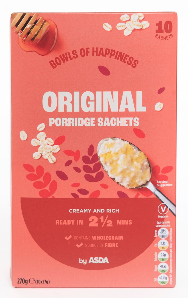 ASDA Original Porridge Sachets box; 10 sachets, 2 1/2 minutes preparation time.