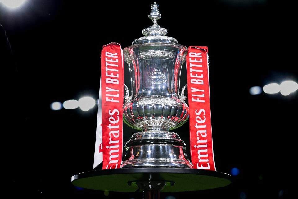 FA Cup trophy with Emirates Fly Better ribbon.