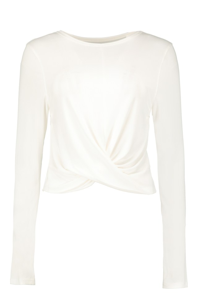 White long-sleeve cropped top with twist detail.