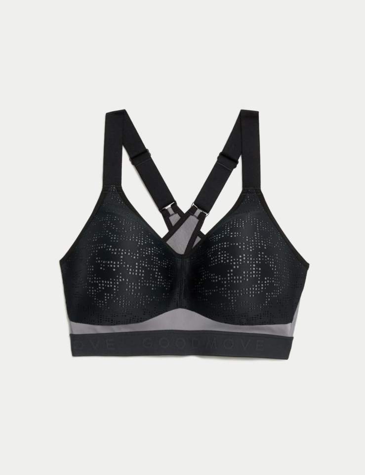 Good Move black sports bra with gray band.