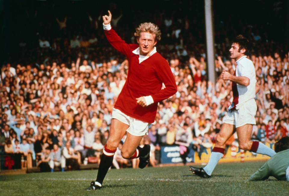 Mandatory Credit: Photo by Colorsport/REX/Shutterstock (3148466a) Football - 1971 / 1972 First Division - Crystal Palace 1 Manchester United 3 United's Denis Law celebrates one of his two goals at Selhurst Park C Palace 1 Man Utd 3 Sport