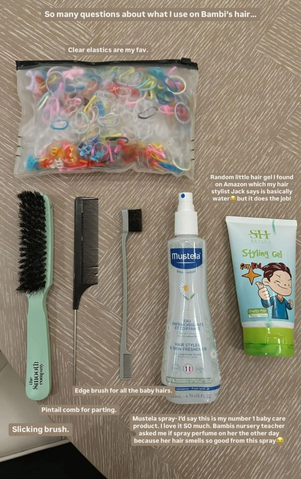 Hair care products and tools used for a baby's hair.