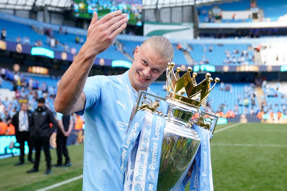 Erling Haaland holding the Premier League trophy.