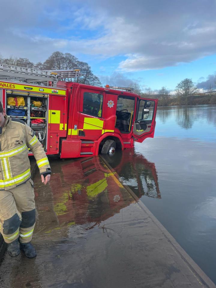 Fire engine in river.