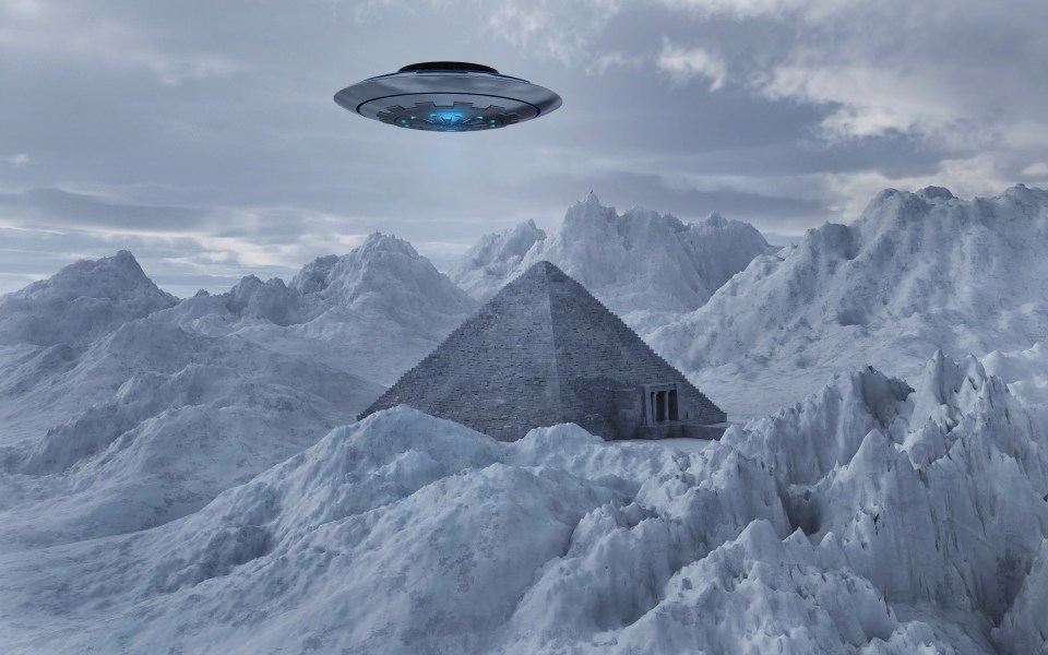 Illustration of a UFO hovering over a pyramid in a snowy, mountainous landscape.