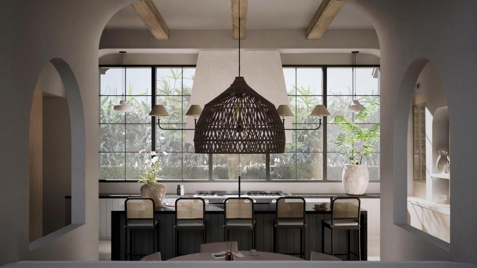 Illustration of a kitchen with a large window, island, and woven pendant light.