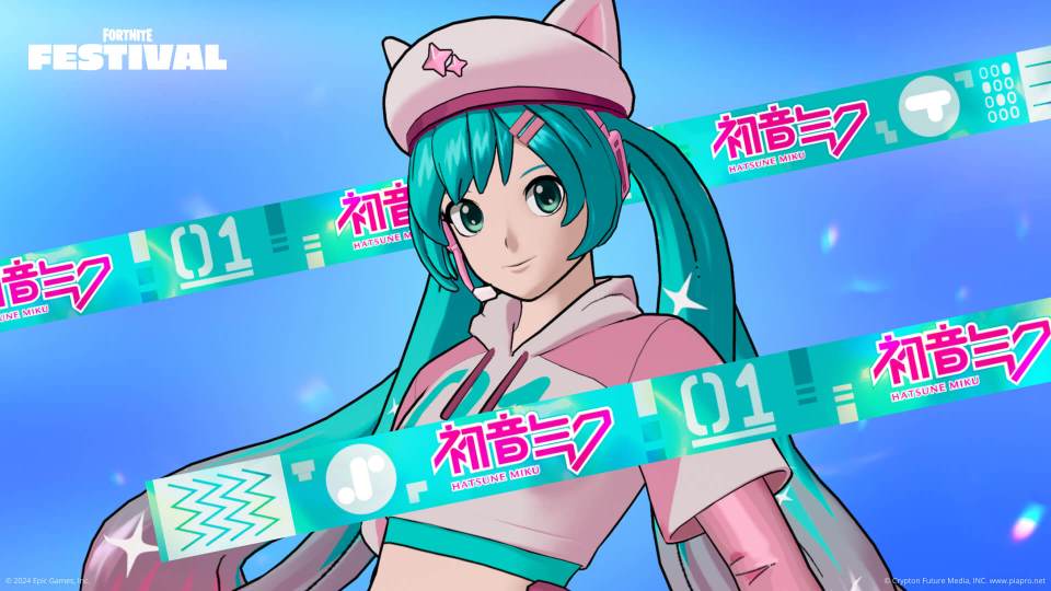 Illustration of Hatsune Miku in a Fortnite Festival outfit.