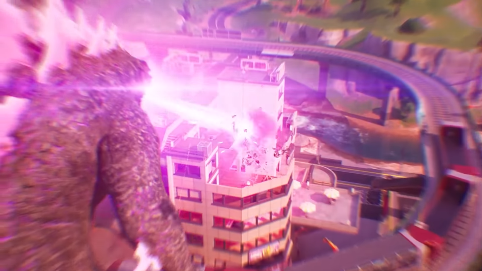 Godzilla firing a heat ray in Fortnite.