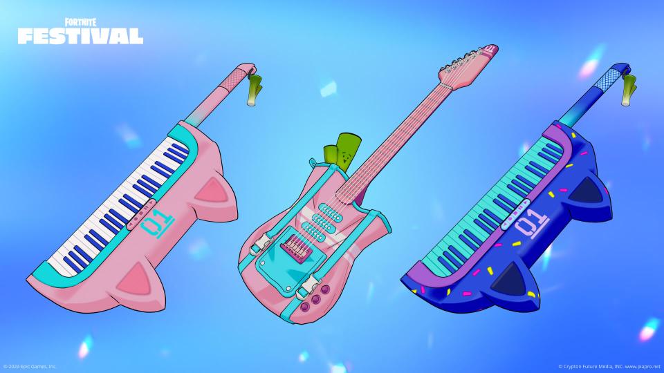 Illustration of three cat-eared musical instruments: two keytars and an electric guitar, for a Fortnite festival.