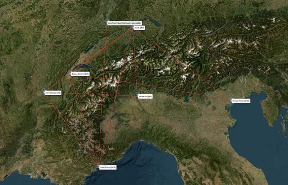 Map of European Alps showing turbulent flight paths between several airports.