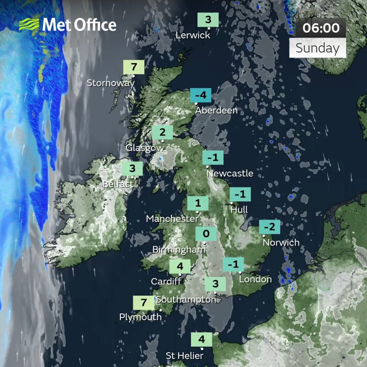 Map of Britain showing temperatures during freezing fog.