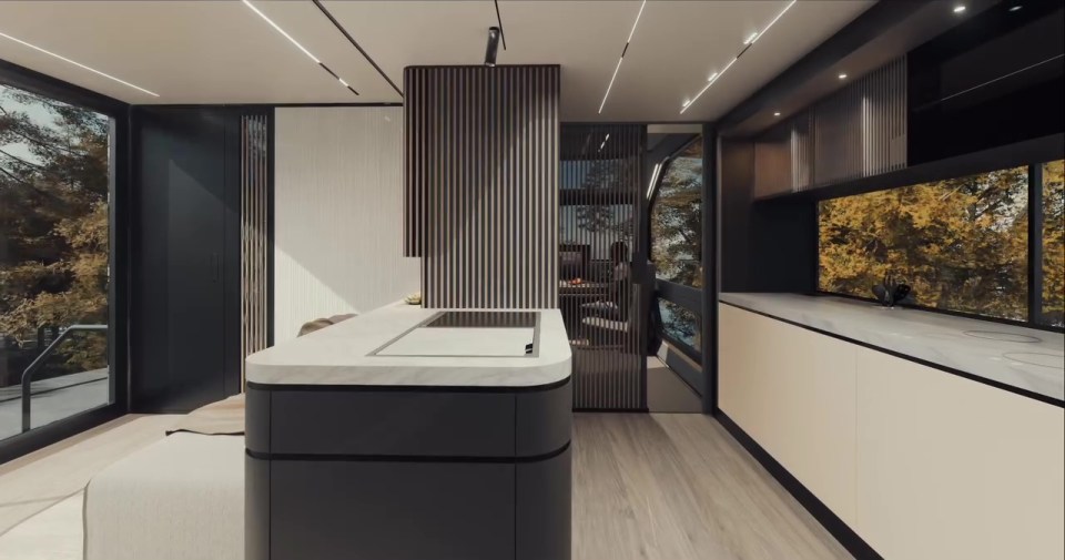 Illustration of a modern tiny home campervan interior with a kitchen and living area.