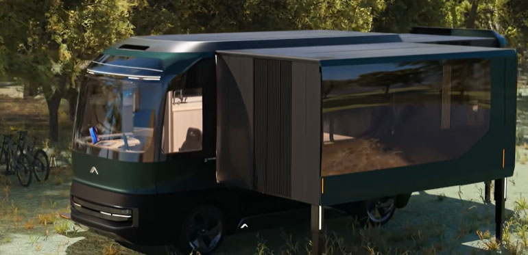 Illustration of a futuristic electric caravan.